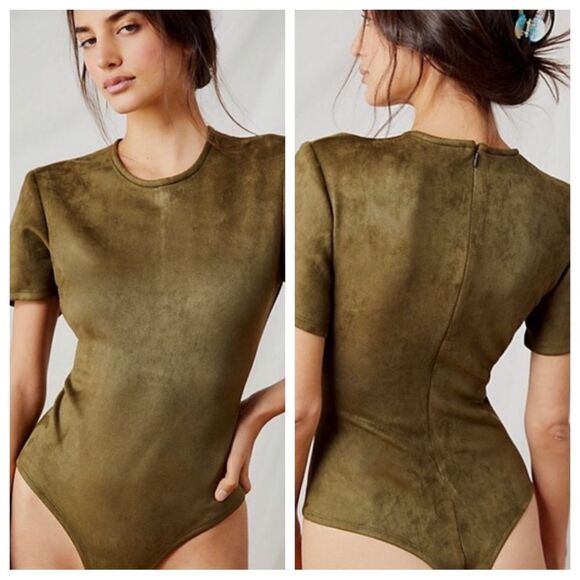 NEW Ronny Kobo x Free People Mali Velvety Suede Green Short Sleeve Bodysuit - Picture 1 of 13